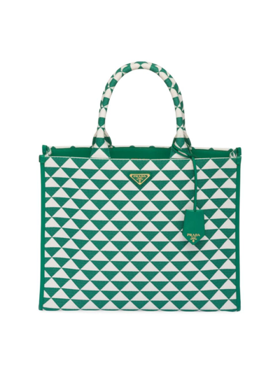 Shop Prada Women's Large Symbole Embroidered Fabric Handbag In Green