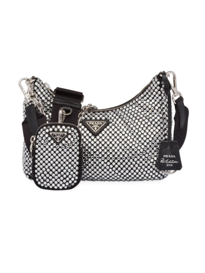 Shop Prada Women's Re-edition 2005 Satin Bag With Crystals In Silver
