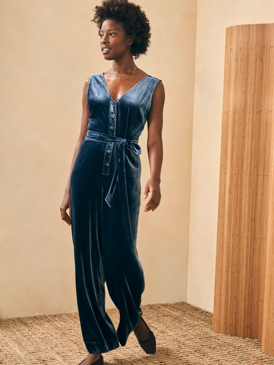 Faherty Stretch Silk Velvet Alina Jumpsuit In Navy