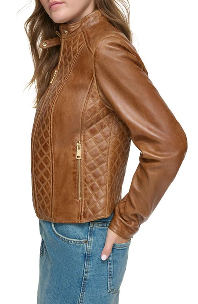 Shop Andrew Marc Quilted Panel Leather Jacket In Cognac