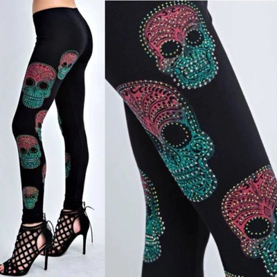 Shop Vocal Apparel Leggings With Colorful Rhinestone Sugar Skulls In Black