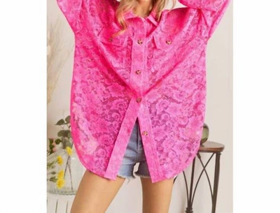 Shop Adora Button Down Lace Shirt In Neon Pink