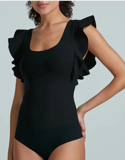 Shop Commando Neoprene Squareneck Ruffle Bodysuit In Black