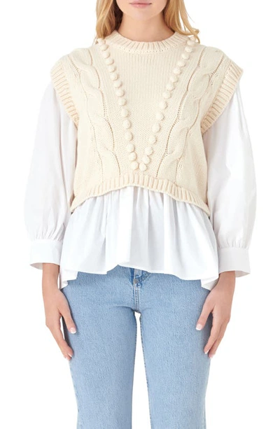 English Factory Mixed Media Cable Stitch Sweater In Cream/ White