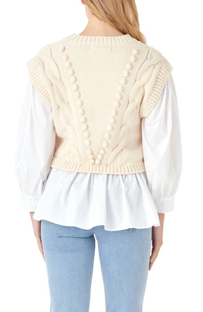 English Factory Mixed Media Cable Stitch Sweater In Cream/ White