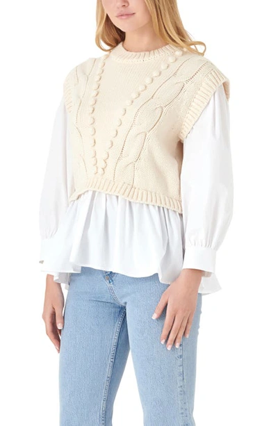 English Factory Mixed Media Cable Stitch Sweater In Cream/ White