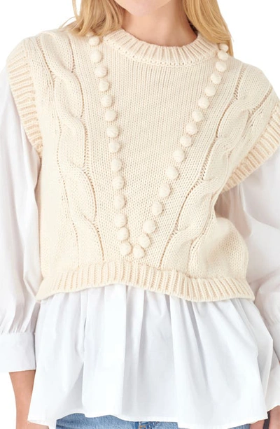 Shop English Factory Mixed Media Cable Stitch Sweater In Cream/ White