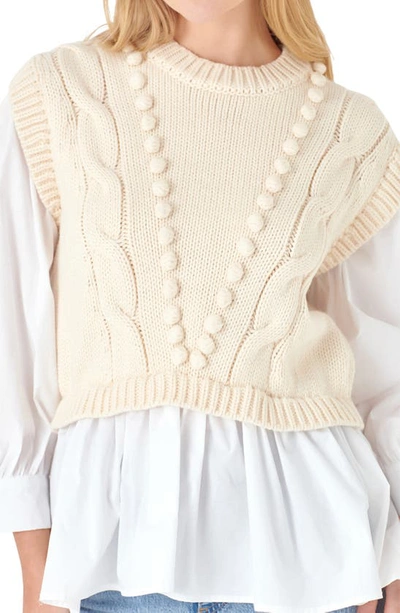 English Factory Mixed Media Cable Stitch Sweater In Cream/ White