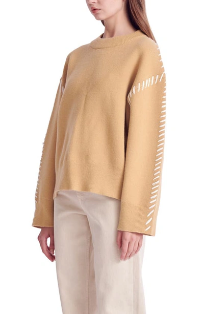 Shop English Factory Whipstitch Accent Crewneck Sweater In Camel/ Cream