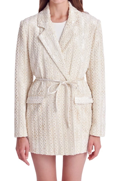 Shop English Factory Double Breasted Tie Waist Velvet Blazer In Ivory