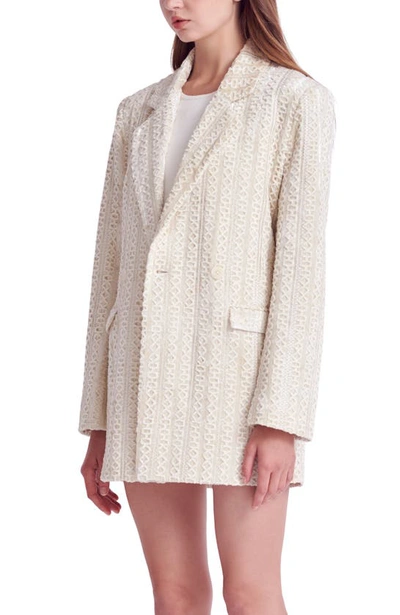 Shop English Factory Double Breasted Tie Waist Velvet Blazer In Ivory
