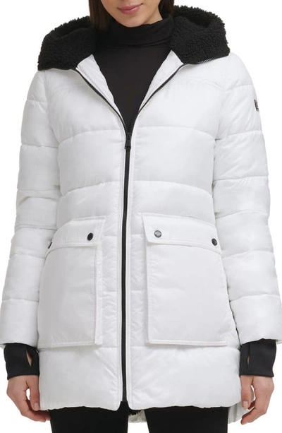 Kenneth Cole New York Faux Shearling Lined Hood Channel Quilted Puffer Parka Jacket In White