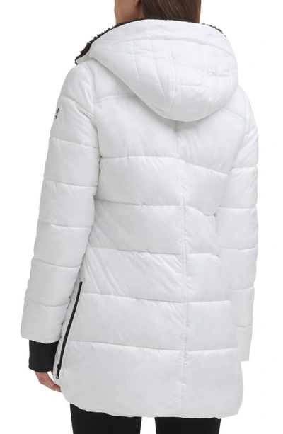 Kenneth Cole New York Faux Shearling Lined Hood Channel Quilted Puffer Parka Jacket In White