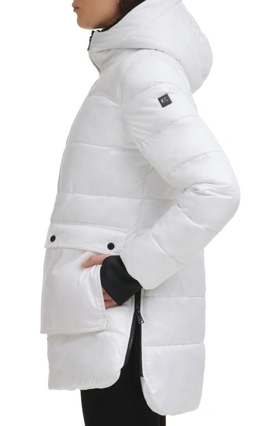 Kenneth Cole New York Faux Shearling Lined Hood Channel Quilted Puffer Parka Jacket In White