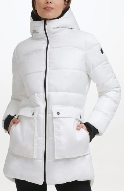 Kenneth Cole New York Faux Shearling Lined Hood Channel Quilted Puffer Parka Jacket In White