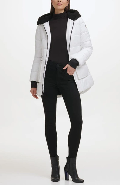 Kenneth Cole New York Faux Shearling Lined Hood Channel Quilted Puffer Parka Jacket In White