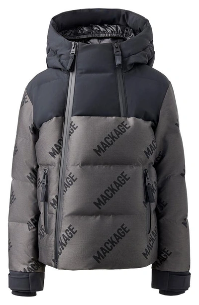 Shop Mackage Kids' Leland Logo Jacquard Hooded 800 Fill Power Down Ski Jacket In Carbon