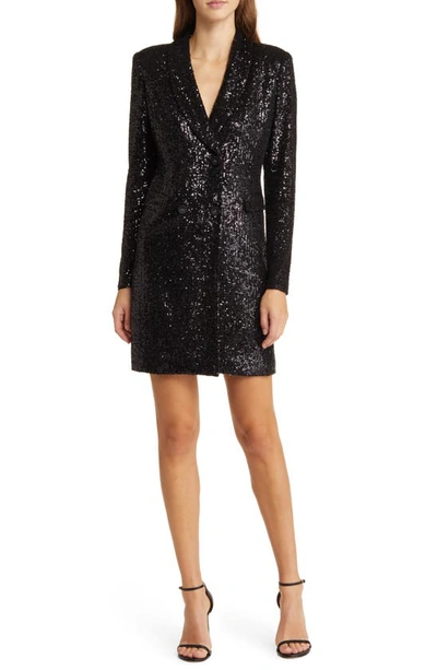 Shop Eliza J Sequin Long Sleeve Tuxedo Cocktail Dress In Black