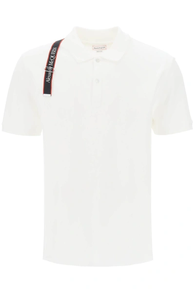 Shop Alexander Mcqueen Harness Polo Shirt In Piqué With Selvedge Logo Men In White