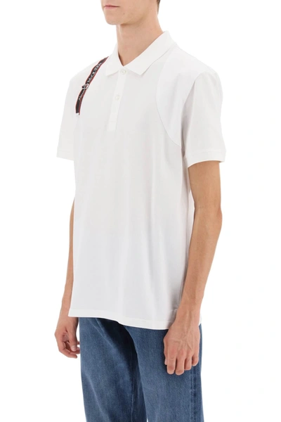 Shop Alexander Mcqueen Harness Polo Shirt In Piqué With Selvedge Logo Men In White