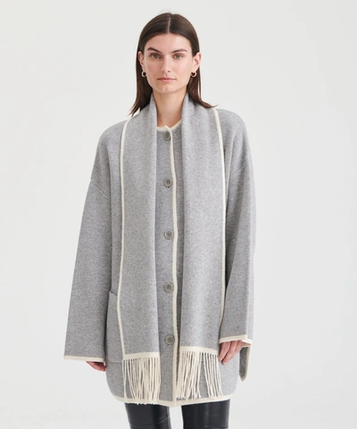Shop Naadam Cashmino Contrast Stitch Sweater Jacket With Removable Scarf In Cement