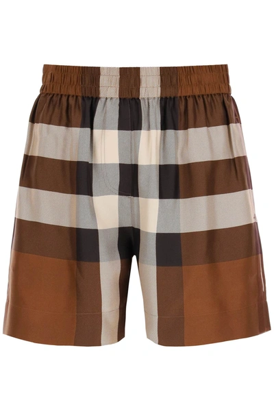 Shop Burberry Exploded Check Silk Shorts Women In Brown