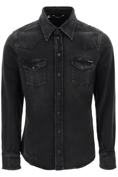 Shop Dolce & Gabbana Distressed Denim Western Shirt Men In Black