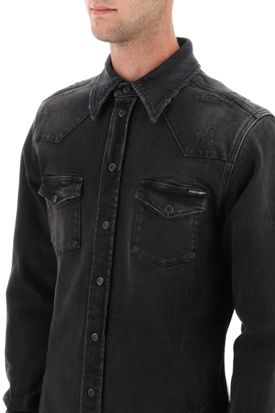 Shop Dolce & Gabbana Distressed Denim Western Shirt Men In Black