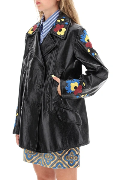 Shop Etro Jacket In Patent Faux Leather With Floral Embroideries Women In Black