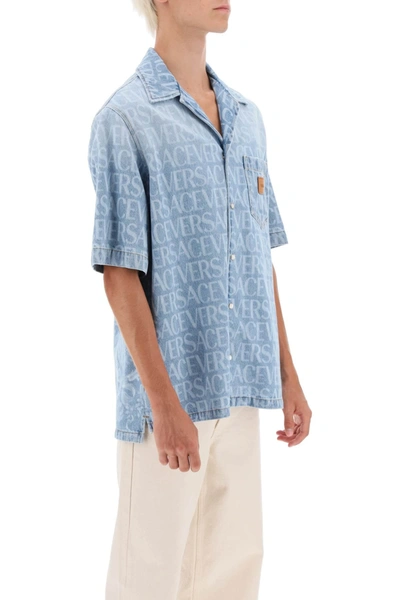 Shop Versace Americana Fit Short Sleeve Denim Shirt Men In Blue