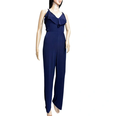 Shop Bebe Women Ruffle Trim V-neck Sleeveless Jumpsuit In Navy Blue