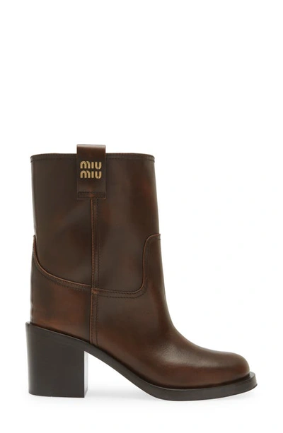 Miu Miu Calfskin Block-heel Moto Booties In Brown