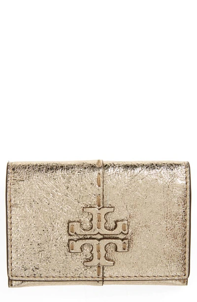 Shop Tory Burch Mcgraw Metallic Leather Card Case In Gold