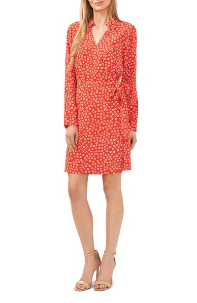 Shop Cece Floral Long Sleeve Faux Wrap Shirtdress In Candy Apple