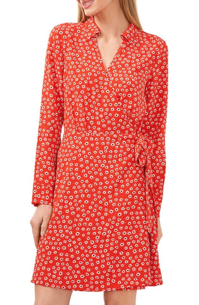 Shop Cece Floral Long Sleeve Faux Wrap Shirtdress In Candy Apple