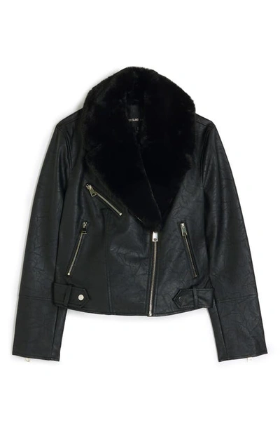 Shop River Island Faux Leather Biker Jacket With Removable Faux Fur Trim In Black