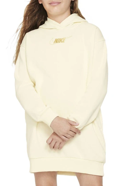 Shop Nike Kids' Club Long Sleeve Fleece Hoodie Dress In Coconut Milk/ Metallic Gold