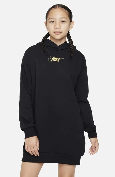 Shop Nike Kids' Club Long Sleeve Fleece Hoodie Dress In Black/ Metallic Gold
