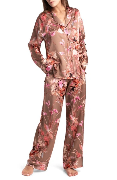 Shop Midnight Bakery Lovefest Floral Print Satin Pajamas In Taupe