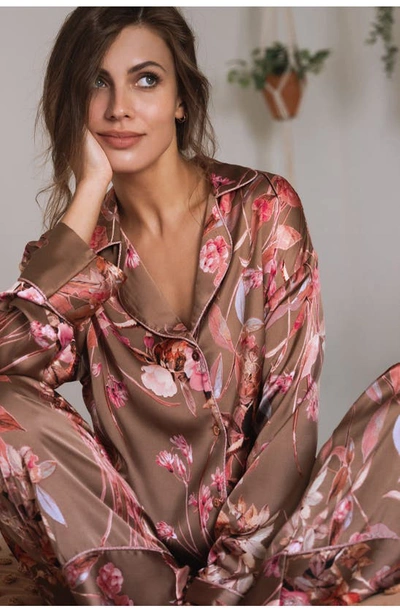 Shop Midnight Bakery Lovefest Floral Print Satin Pajamas In Taupe