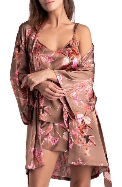 Shop Midnight Bakery Lovefest Floral Satin Robe In Taupe
