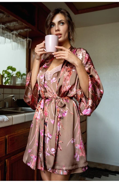 Shop Midnight Bakery Lovefest Floral Satin Robe In Taupe