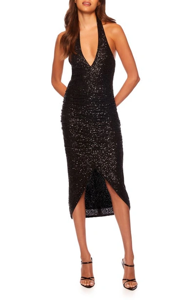 Shop Susana Monaco Sequin Plunge Neck Halter Dress In Black