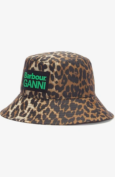 Shop Barbour X Ganni Waxed Cotton Bucket Hat In Leopard Print