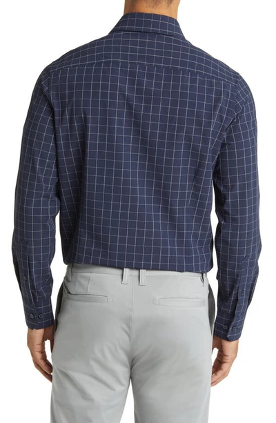 Mizzen + Main Leeward Trim Fit Navy Dash Geo Print Performance Button-up Shirt In Navy Lexington Plaid