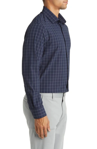 Mizzen + Main Leeward Trim Fit Navy Dash Geo Print Performance Button-up Shirt In Navy Lexington Plaid