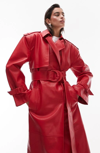 Shop Topshop Belted Faux Leather Trench Coat In Red