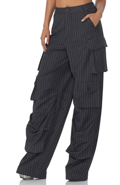Shop Afrm Parker Pinstripe Wide Leg Cargo Pants In Charcoal White Pinstripe