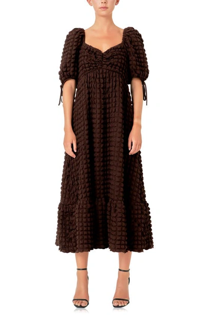 Shop Endless Rose Texture Puff Sleeve Maxi Dress In Brown
