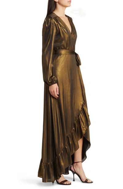 Shop Wayf Meryl Long Sleeve Wrap High-low Cocktail Dress In Antique Brass